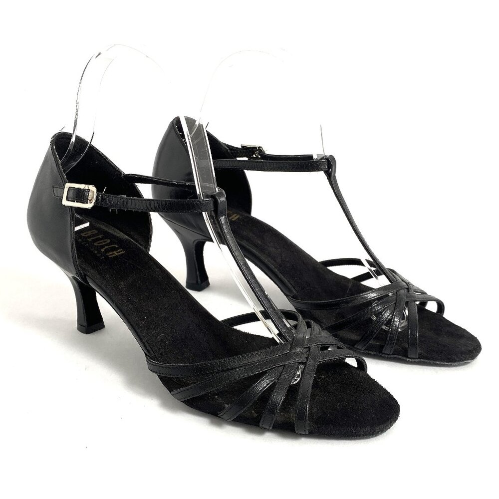 Bloch Nicola Black Leather T-Bar Latin Dance Ballroom Open Toe Heels Womens 8.5B